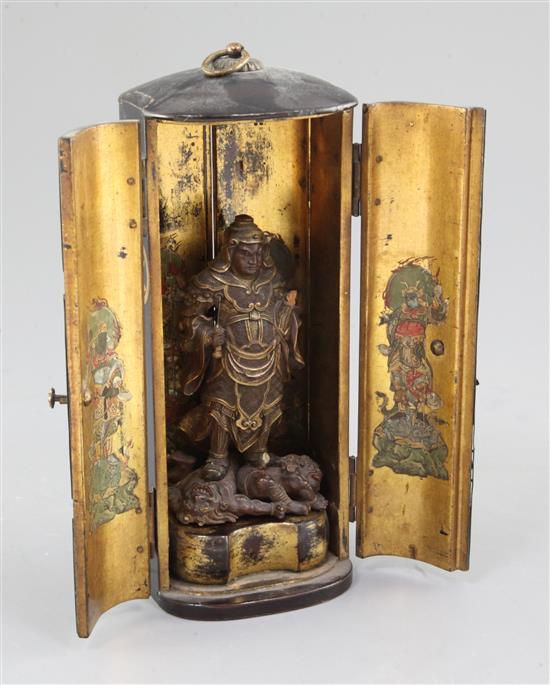 A Japanese lacquer Zushi (portable shrine), 19th century, total height 20.5cm, losses to figure